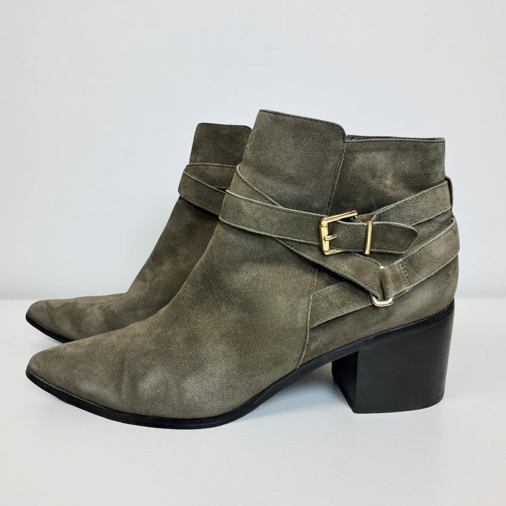 [11] ALDO Olive Suede Ankle Boots with Buckle Detail Block Heel Office